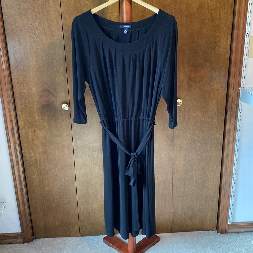 Lands End 3/4 sleeve, belted, black midi dress